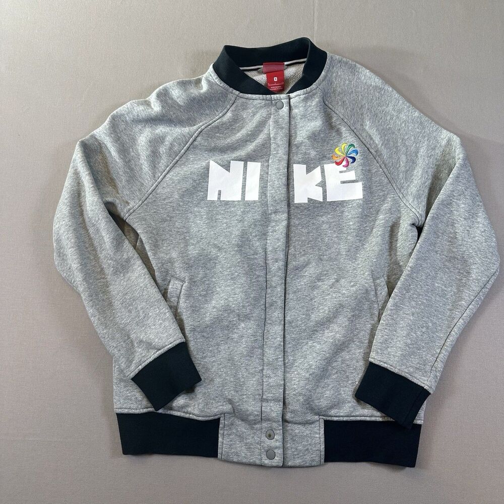 NIKE Rally Varsity Women’s Button-up Sweatshirt Heather Gray Small Pinwheel Back